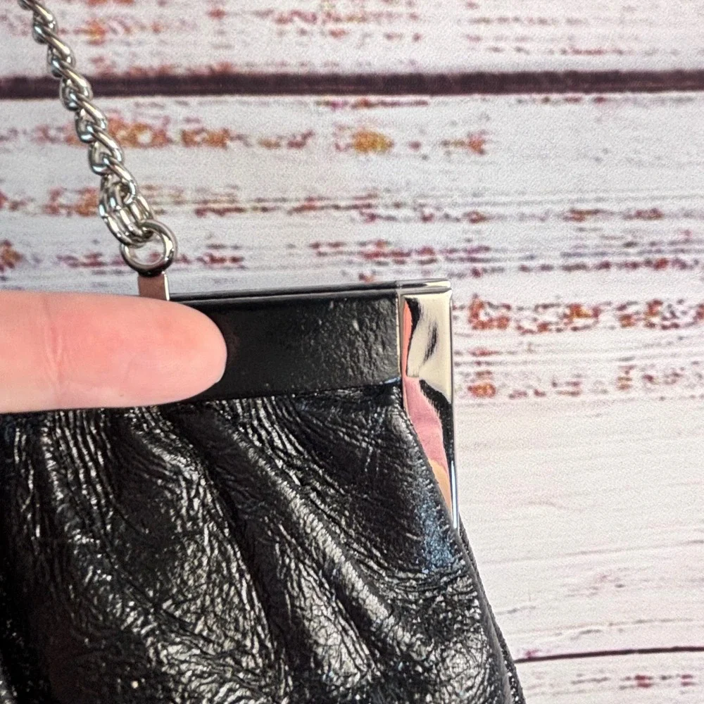 Vintage Talbots Black‎ Leather Gathered Frame Clutch Bag Silver Chain Strap